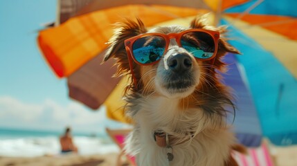 Canvas Print - A comical moment of a funny looking dog wearing sunglasses, under beach umbrella.