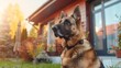 © Thanthara - Big guard dog sitting in front of the house close up picture of guard dog sitting in front of house and garden background Watchdog concept Pet dog stay at home and watch