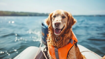 Canvas Print - A dog on a boat wearing a life jacket, enjoying a sunny day out on the water with its owner. 