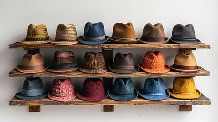 A shelf displaying various hats in different styles and colors.