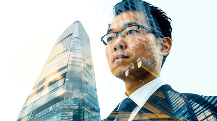 Sticker - Confident Chinese CEO with high-rise office building and success symbols double exposure effect