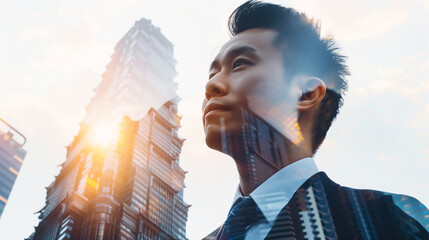 Poster - Confident Chinese CEO with high-rise office building and success symbols double exposure effect