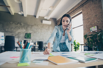 Wall Mural - Photo of attractive woman talk phone call discuss dressed denim clothes executive business leader work comfort beautiful office interior