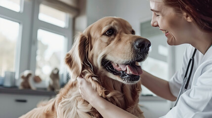 Sticker - Female veterinarian examining a healthy Golden Retriever, pet check-up visit