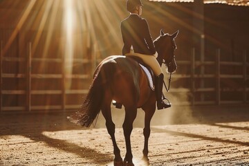 Equestrian Dressage Performance: Elegant image of a horse and rider executing intricate dressage movements in a sunlit arena, with the horse's muscles rippling and the rider's posture poised \