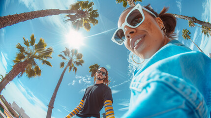 Fisheye Lens Photograph of Stylish Individuals under Palm Trees