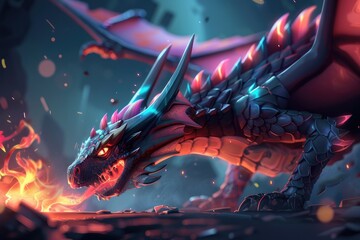 Sticker - Fiery Dragon Breathing Fire with a Blue and Red Scales