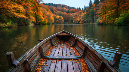 Autumn colorful scene. Nature background. Boat on lake in autumn forest