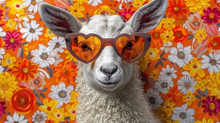 Wall Mural -   A close-up of a sheep wearing sunglasses and adorned with flowers behind its head