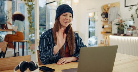 Sticker - Woman, video call and laptop in coffee shop for remote work, wave or happy with chat for freelance job. Person, smile and hello with communication, contact and talk on web for creative agency in cafe