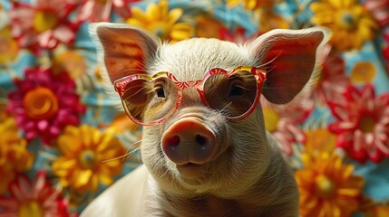 Wall Mural -   A tiny pink pig wears red glasses against a vibrant floral backdrop featuring a floral overlay