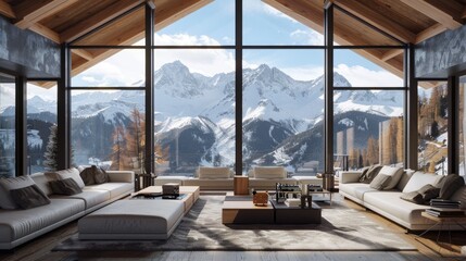 modern chalet interior with a vast living room and large windows, capturing beautiful mountain scene