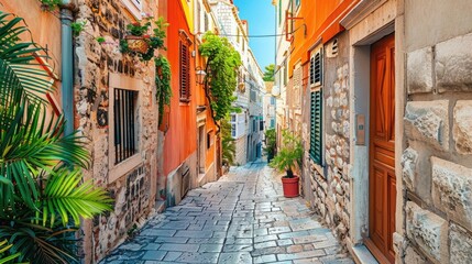 Naklejka na meble Picturesque scene of a narrow old street in the city, with colorful facades and traditional architecture