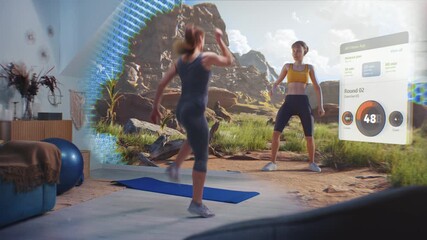 Sportswoman starts exercising. VR screen shows virtual trainer and interface of AR fitness app with workout plan. Online training. Metaverse futuristic home gym with AI technologies. VFX animation.