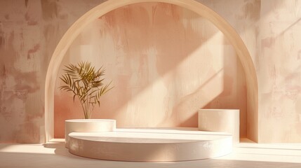 Poster - Geometric beige backdrop with podium for eco cosmetic product presentation