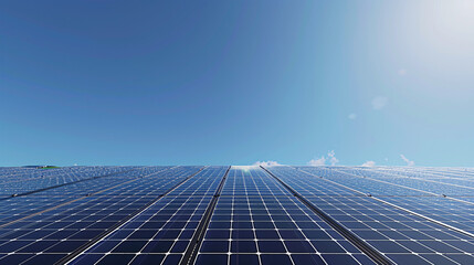 a large solar farm with an array of solar panels absorbing sunlight under a clear blue sky, emphasiz