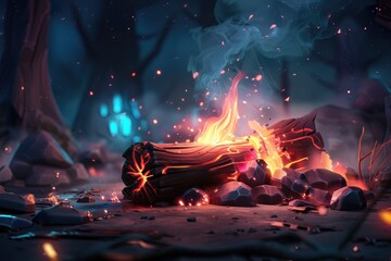 Poster - Burning Log in a Dark Forest with Smoke and Sparks