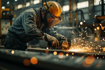 industrial worker in safety gear and hard hat operating an angle grinder to cut metal tube in a manu