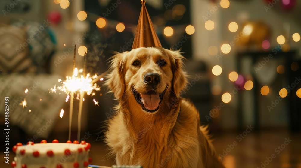 Golden retriever wearing a party hat celebrating a birthday with a cake ...
