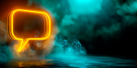 Poster - Neon speech bubble on a dark abstract smoky background, illustrating communication. Generative AI