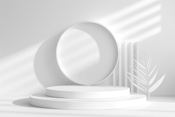 Poster - Minimalist product display with circular stand, geometric shapes, and decorative plant elements on a white background, concept of modern presentation. Generative AI