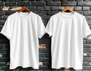 Poster - Two white t-shirts on hangers against a black brick wall, concept of blank clothing design mockup, Generative AI. Generative AI