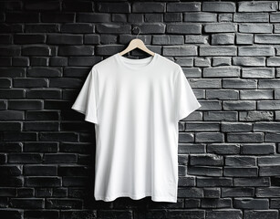 Aufkleber - A blank white t-shirt on a hanger against a textured black brick wall, showcasing a clean mockup layout for design presentation. Generative AI