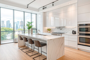 Wall Mural - Modern kitchen interior with marble countertops, city view, white cabinetry, concept of elegance and clean design. Generative AI