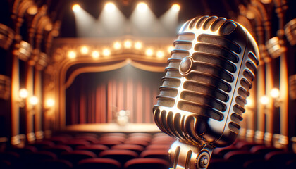Poster - A vintage microphone on a stage, with warm spotlight and a bokeh theater background, evoking the concept of performance. Generative AI
