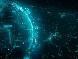 Poster - An illuminated digital representation of the Earth showing continents with a network concept on a dark blue background. Generative AI
