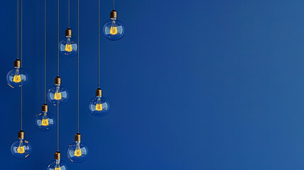 Poster - Illuminated light bulbs hanging against a blue background, photo, concept of ideas and creativity. Generative AI