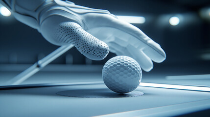Aufkleber - A robotic hand poised above a golf ball on a futuristic surface, under artificial lighting, symbolizing automation in sports. Generative AI