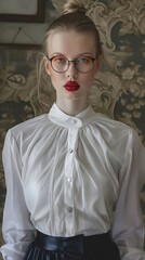 Wall Mural - A woman wearing glasses and a white blouse.