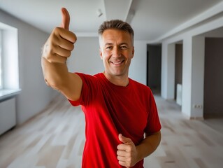 Wall Mural - Man in red shirt giving thumbs up in empty room.