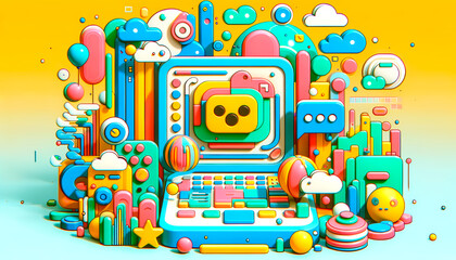 Poster - A colorful digital illustration of a playful, abstract scene with various shapes and a cute character on a yellow background. Generative AI