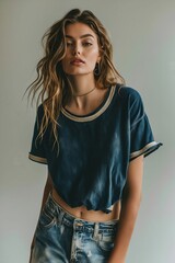 Canvas Print - A young woman wearing jeans and a cropped top.