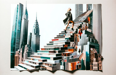 Art collage of urban architecture with people interacting gives a surreal cityscape, set on a white background, expressing a creative concept. Generative AI