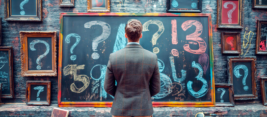 Poster - Man facing a chalkboard with question marks amidst framed questions on a brick wall, symbolizing thought and mystery. Generative AI