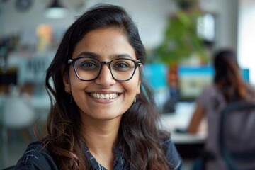 Wall Mural - Close-up of a woman smiling and looking confident in a creative workspace, team collaborating in the background, inspiring work environment, Portrait half-body, hyper-realistic, high detail,