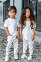 Wall Mural - Two children wearing white t - shirts and pants.