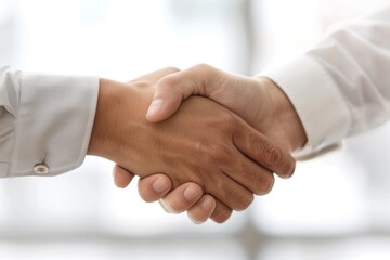 Sticker - Close-up of a man and woman shaking hands in an office, sealing a deal, trust and professionalism, modern workspace, Portrait half-body, hyper-realistic, high detail, photorealistic, Indian