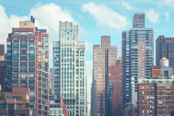 Poster - a city skyline dominated by tall buildings in the background, emphasize the unique character of each