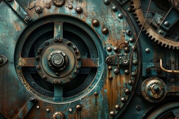 Poster - Detailed view of a rusty gear wheel, showcasing its intricate design and aged texture, Emphasizing the mechanical elements as the focal point of the composition