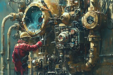 Poster - A man is focused on working on a machine in a workshop setting, Emphasizing the mechanical elements as the focal point of the composition