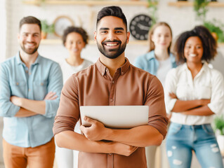 Aufkleber - A diverse group of professionals smiling, with a man holding a laptop in the foreground, against a bright office background, concept of teamwork. Generative AI