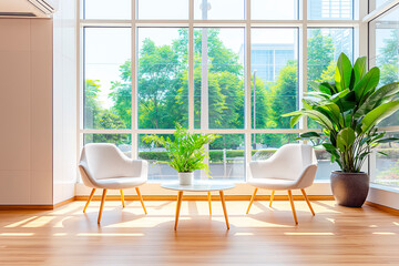 Wall Mural - Modern interior with two white chairs, wooden floor, plant decorations, bright natural light, and large windows with a green view. Generative AI