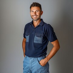 Poster - A man in blue shirt and shorts posing for the camera.