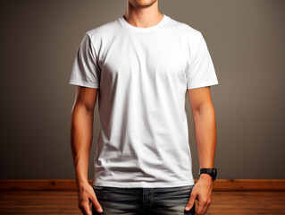 Poster - A man in a blank white t-shirt, ideal for branding mockup, against a neutral background, concept of template design. Generative AI