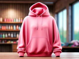 Sticker - A pink hoodie mockup on a wooden table with a blurred background of shelves, ideal for branding presentation. Generative AI