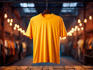 Poster - Yellow t-shirt mockup on a hanger in a stylish store setting, warm ambient lighting, concept of branding and design. Generative AI